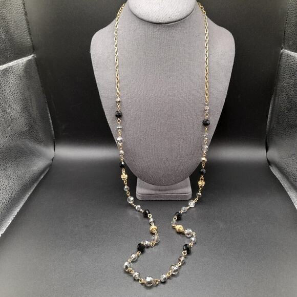 Vintage Long Black Smoky Crystal Necklace, 44 Inch, Gold Tone Chain Spacer Beads - Picture 4 of 11
